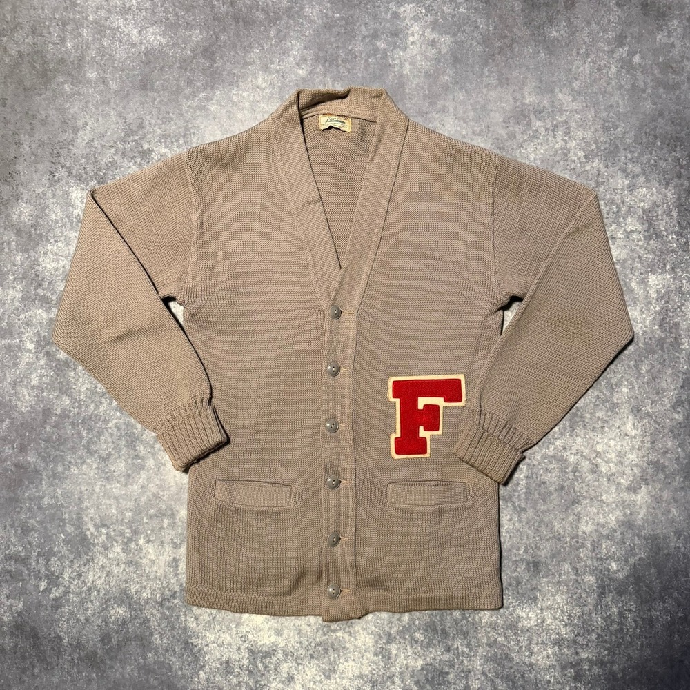 Vintage 60s Wool Letterman Varsity Cardigan Sweater Gray Red Patch Mens Small
